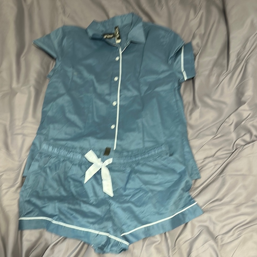 Blue Short Sleeve Pajama Set with White Trim